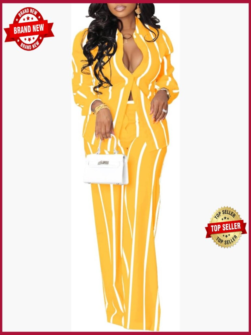 Striped 2 Piece Outfits Set Long Sleeve Button Down Shirt & Wide Leg Pants with